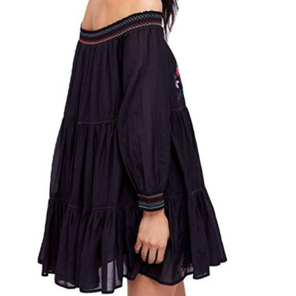Free People Embroidered Floral Gypsy Dress Black Women Large Y2K - Picture 8 of 12